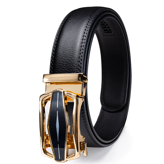 Barry. Wang Men's Black Leather Belt Gold Buckle Ratchet Dress Belt for Business