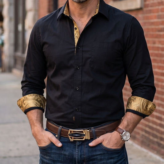 Barry. Wang Men's Brown Leather Belt Gold Buckle Ratchet Dress Belt for Business