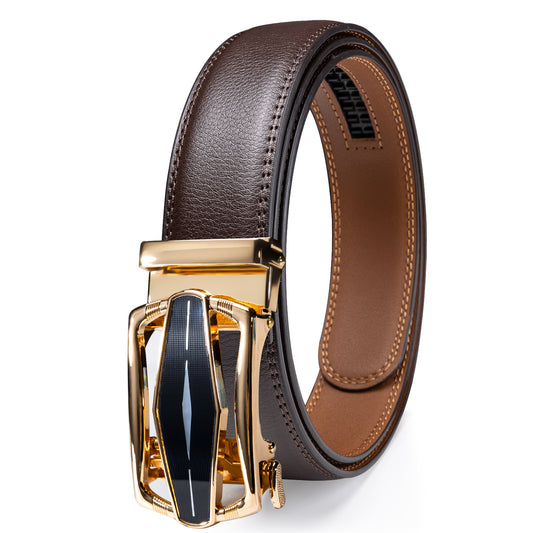 Barry. Wang Men's Brown Leather Belt Gold Buckle Ratchet Dress Belt for Business