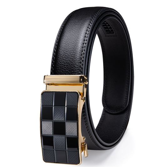 Barry. Wang Men's Black Leather Belt Gold Plaid Buckle Ratchet Dress Belt