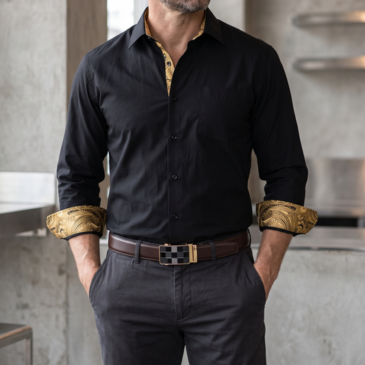 Barry. Wang Men's Brown Leather Belt Gold Plaid Buckle Ratchet Dress Belt
