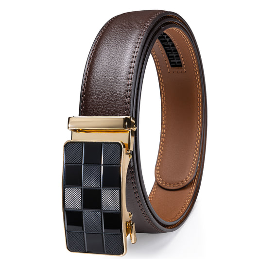 Barry. Wang Men's Brown Leather Belt Gold Plaid Buckle Ratchet Dress Belt