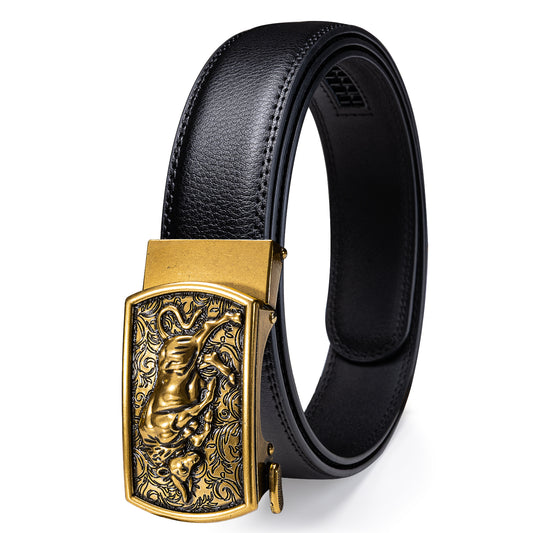 Barry. Wang Cowboy Belt for Men Black Leather Western Ratchet Belt Gold Charging Bull Buckle