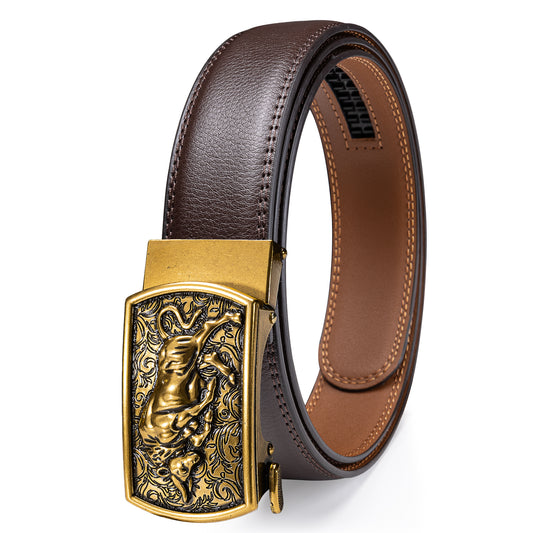Barry. Wang Western Leather Belt for Men Brown Cowboy Ratchet Belt Vintage Brass Bull Buckle