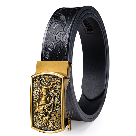 Barry. Wang Cowboy Belt for Men Black Leather Western Ratchet Belt Gold Charging Bull Buckle