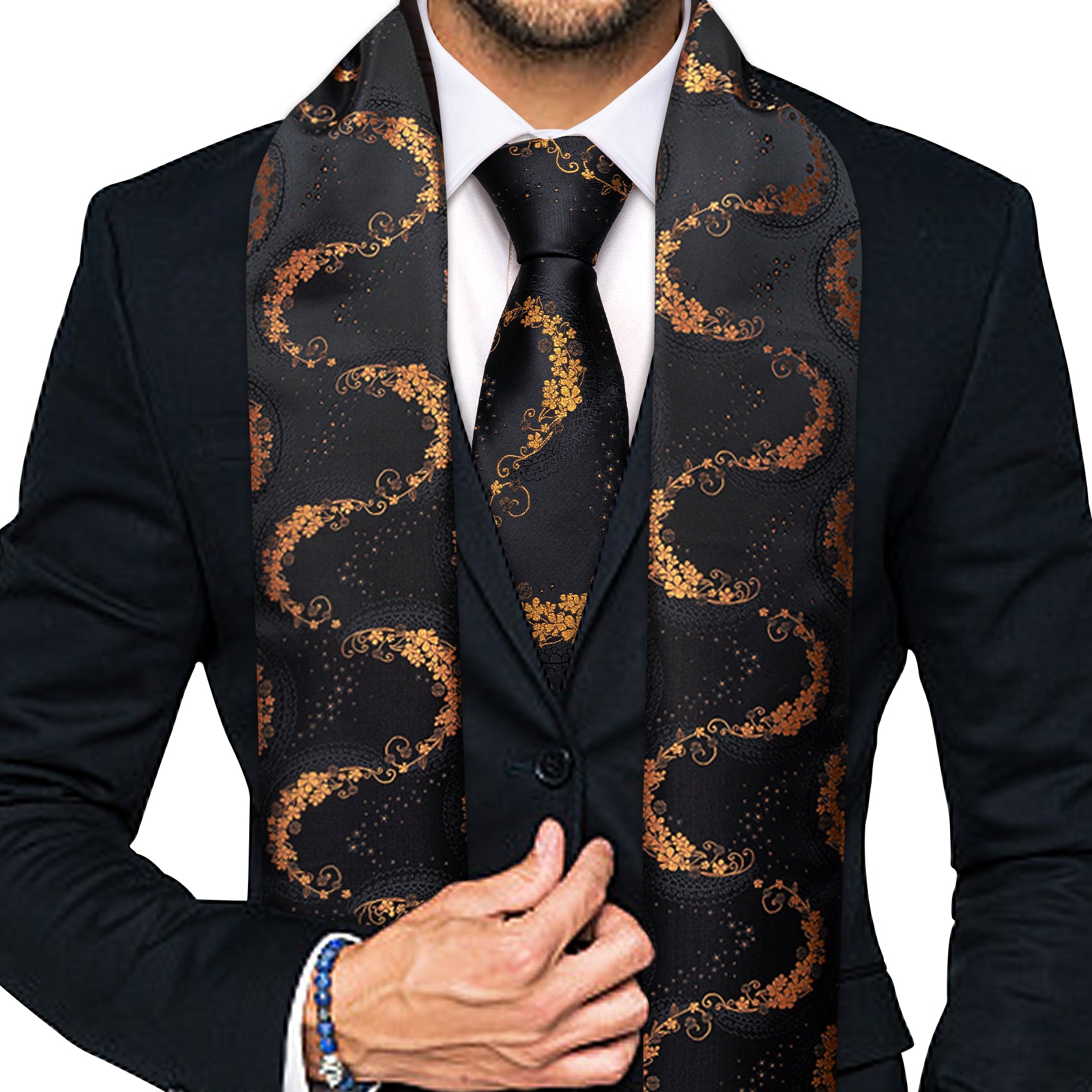 Luxury Black Gold Floral Scarf with Tie Set
