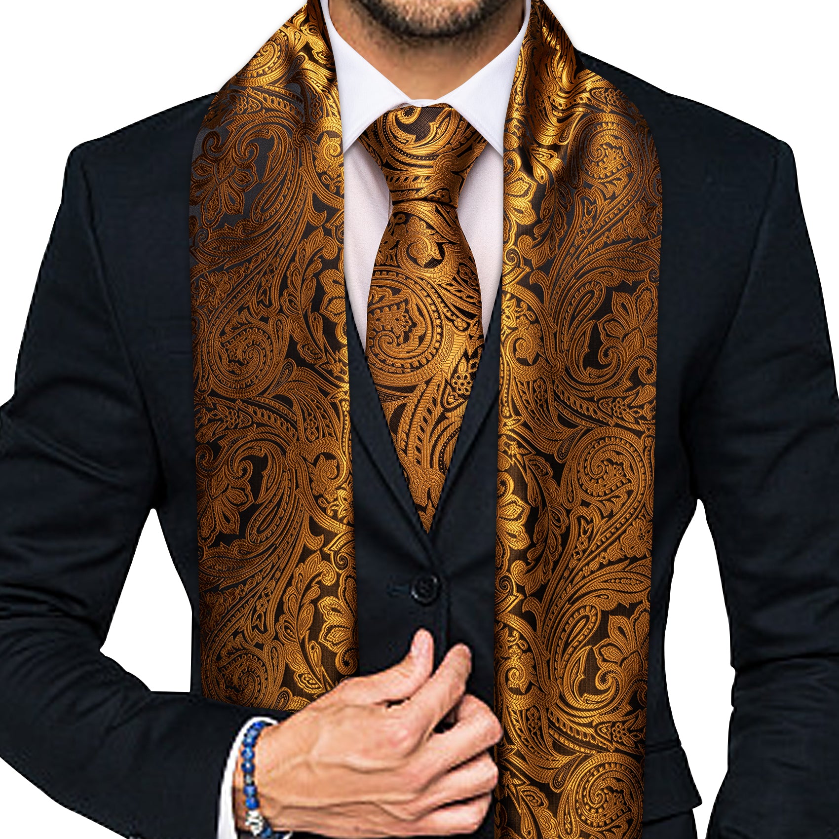 Luxury Brown Gold Paisley Scarf with Tie Set