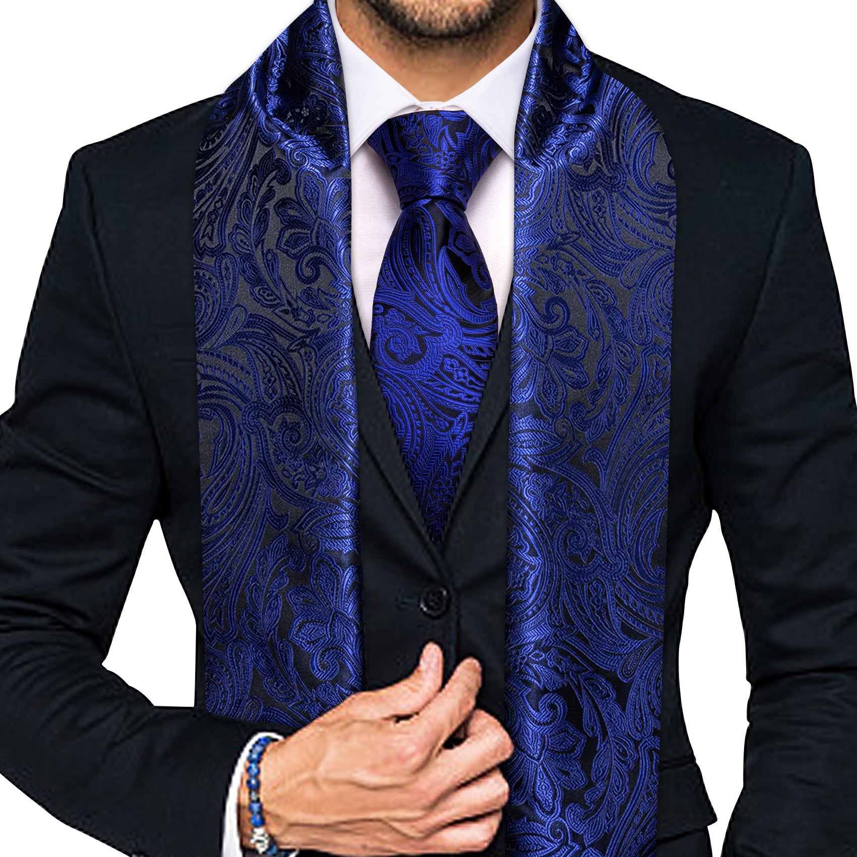 Luxury Blue Black Paisley Scarf with Tie Set