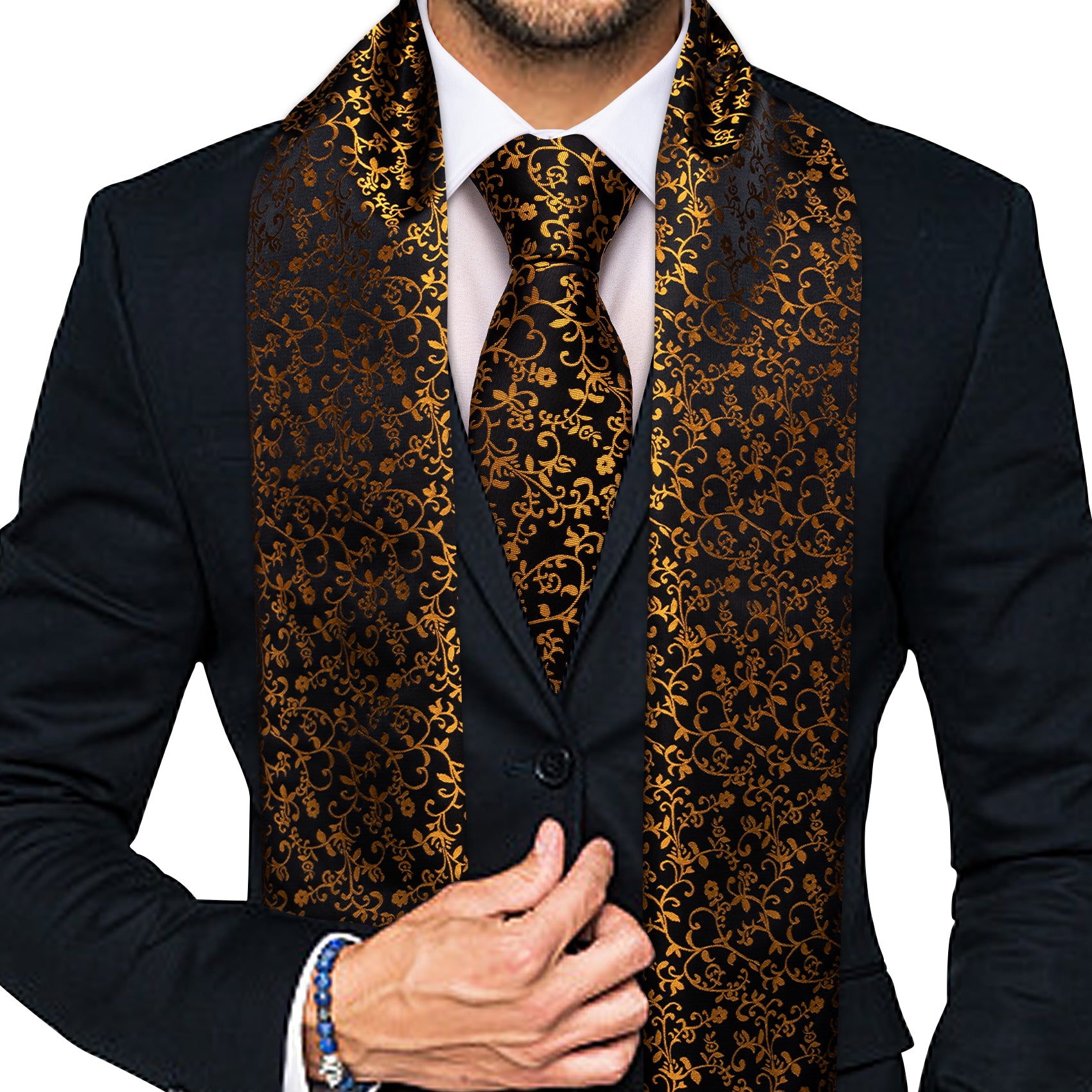 Luxury Gold Black Floral Scarf with Tie Set