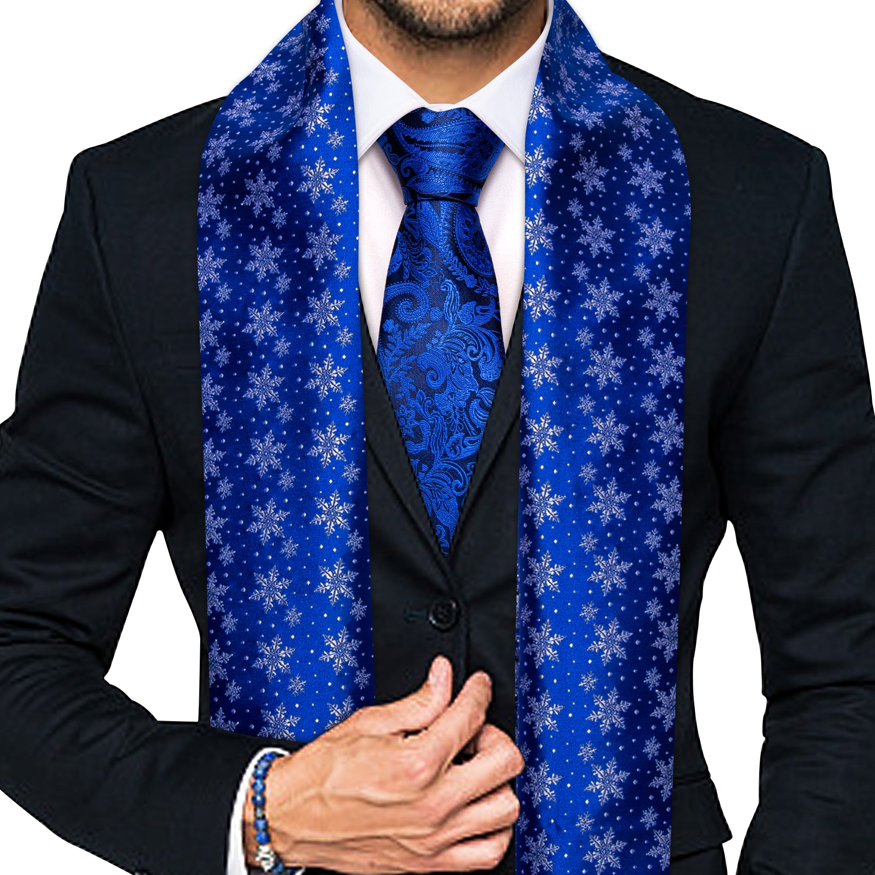 Luxury Christmas Blue Snowflake Floral Scarf with Tie Set