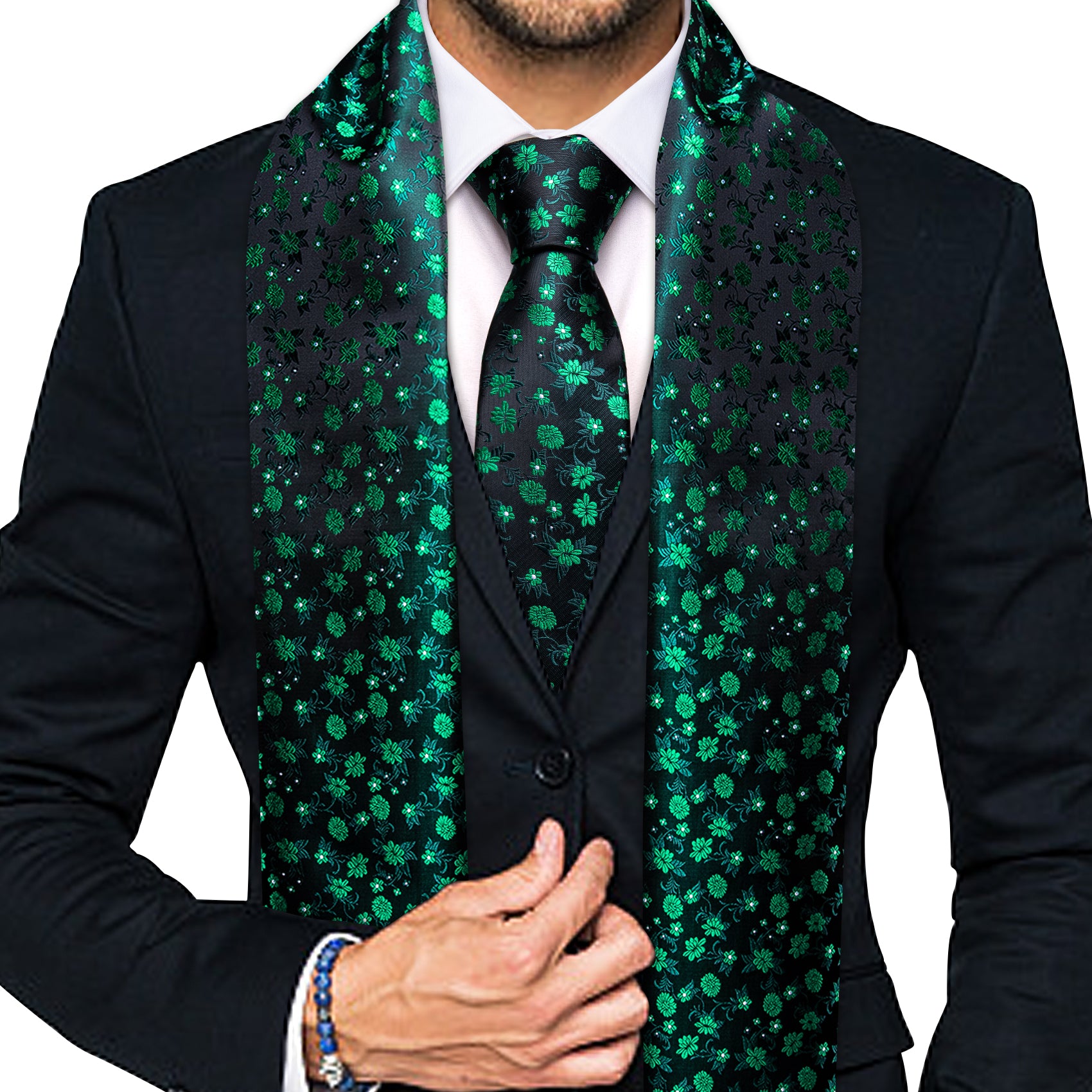 Classy Black Green Small Flower Scarf with Tie Set