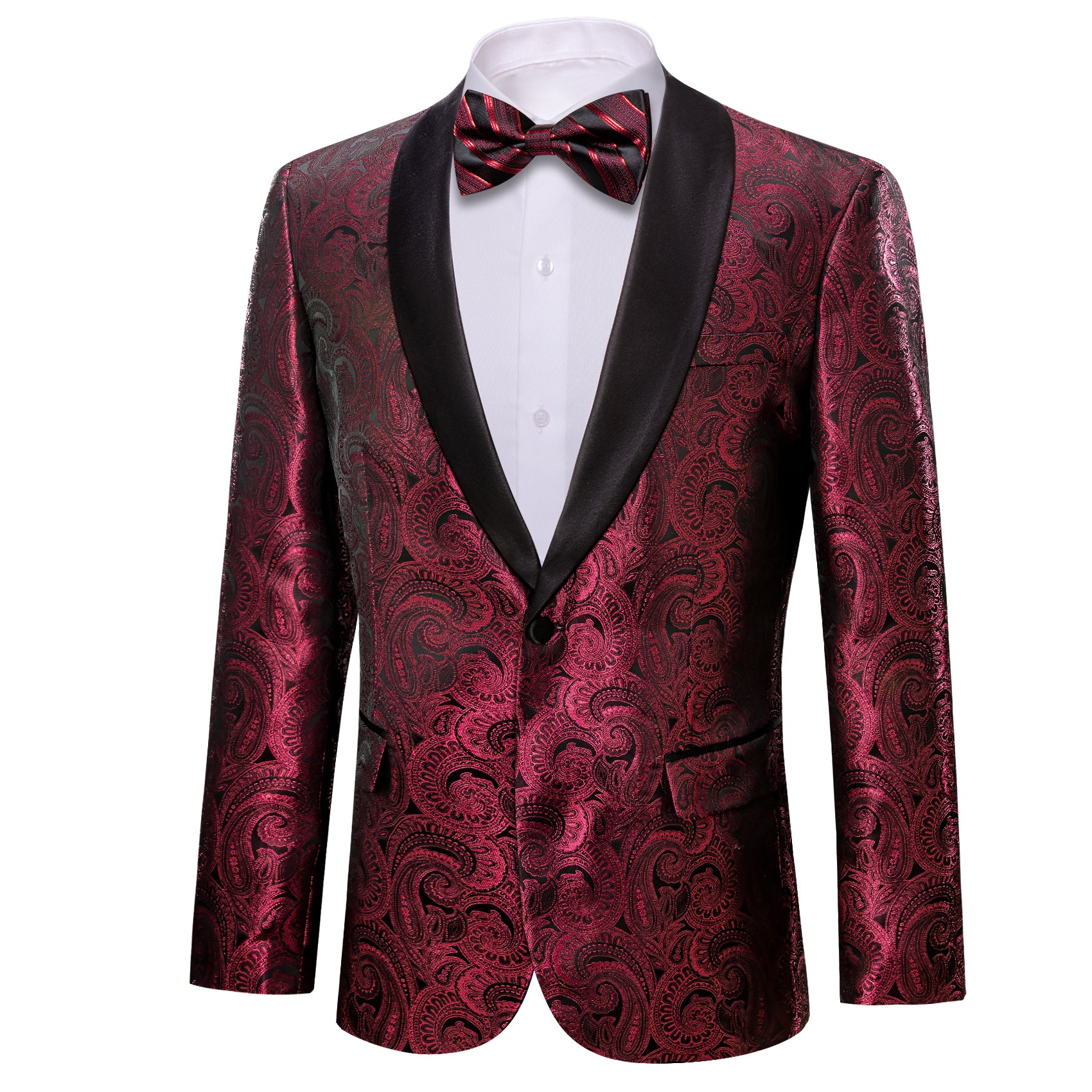 Barry.wang Men's Suit Dark Red Jacquard Silk Floral Shawl Collar Suit