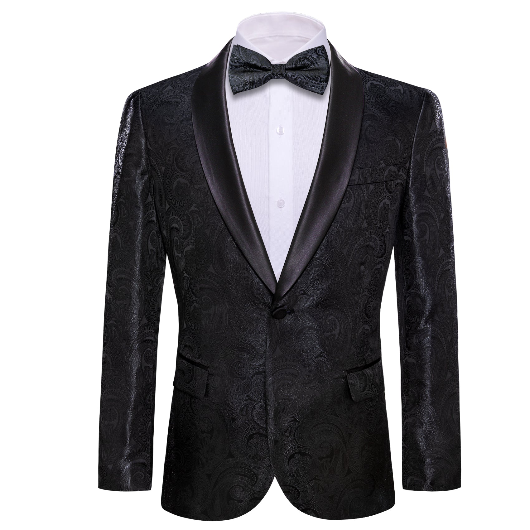 Barry Wang Wedding Suit Black Paisley Jacquard Blazer with Bowtie