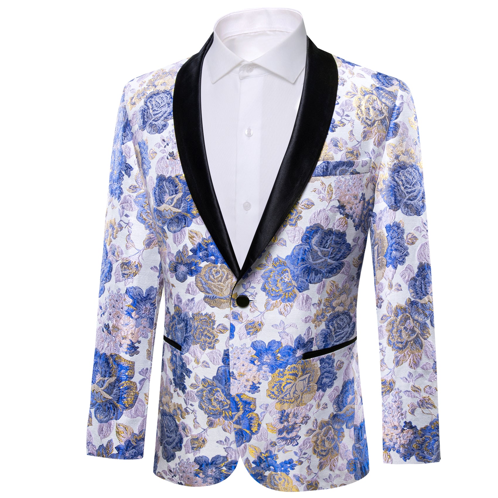 Men's Dress Party Blue White Flower Suit Jacket Slim One Button Stylish Blazer