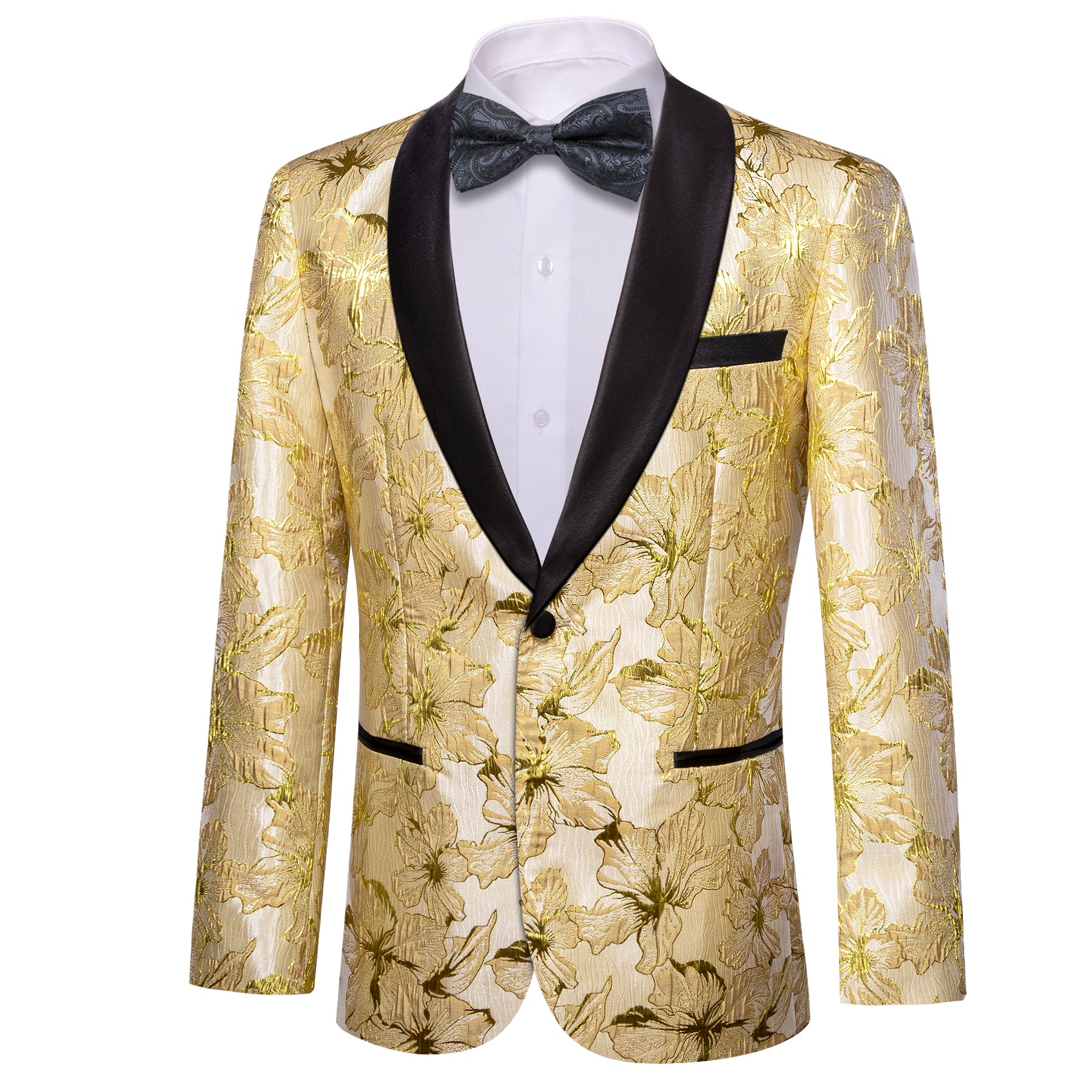Men's Dress Party Gold Yellow Floral Suit Jacket Slim One Button Stylish Blazer