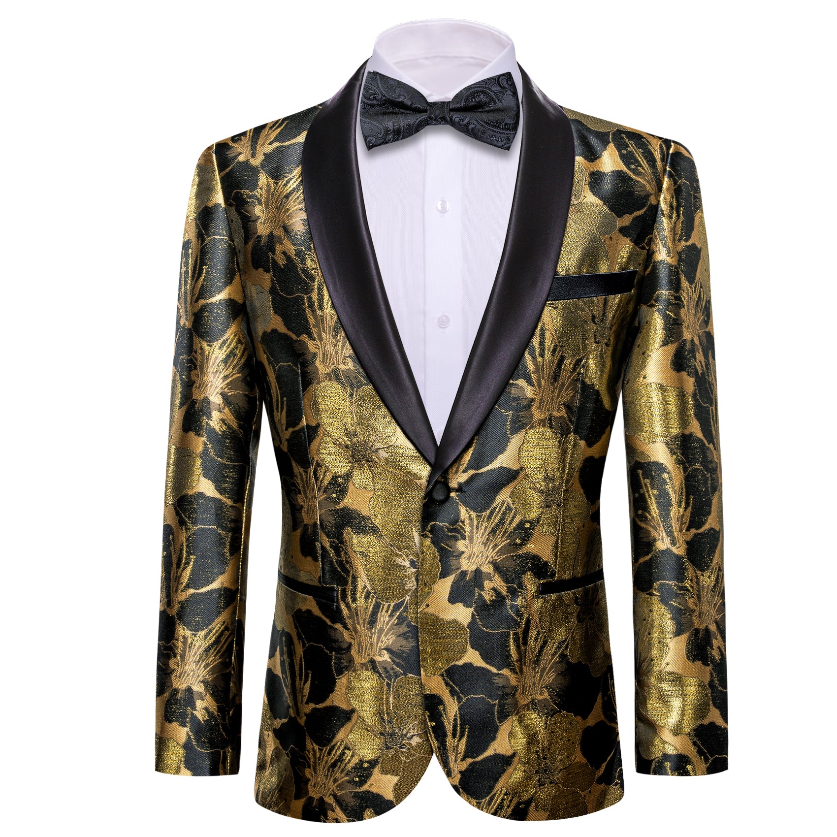 Barry.wang Shawl Collar Suit Black Gold  Floral Men's Suit Jacket Slim One Button Stylish Blazer