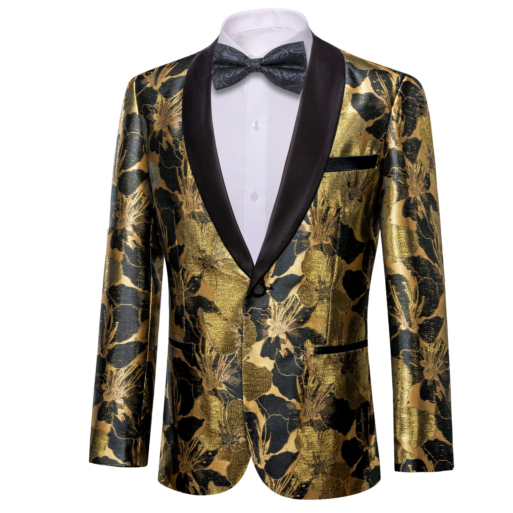 Men's Dress Party Gold Black Floral Suit Jacket Slim One Button Stylish Blazer