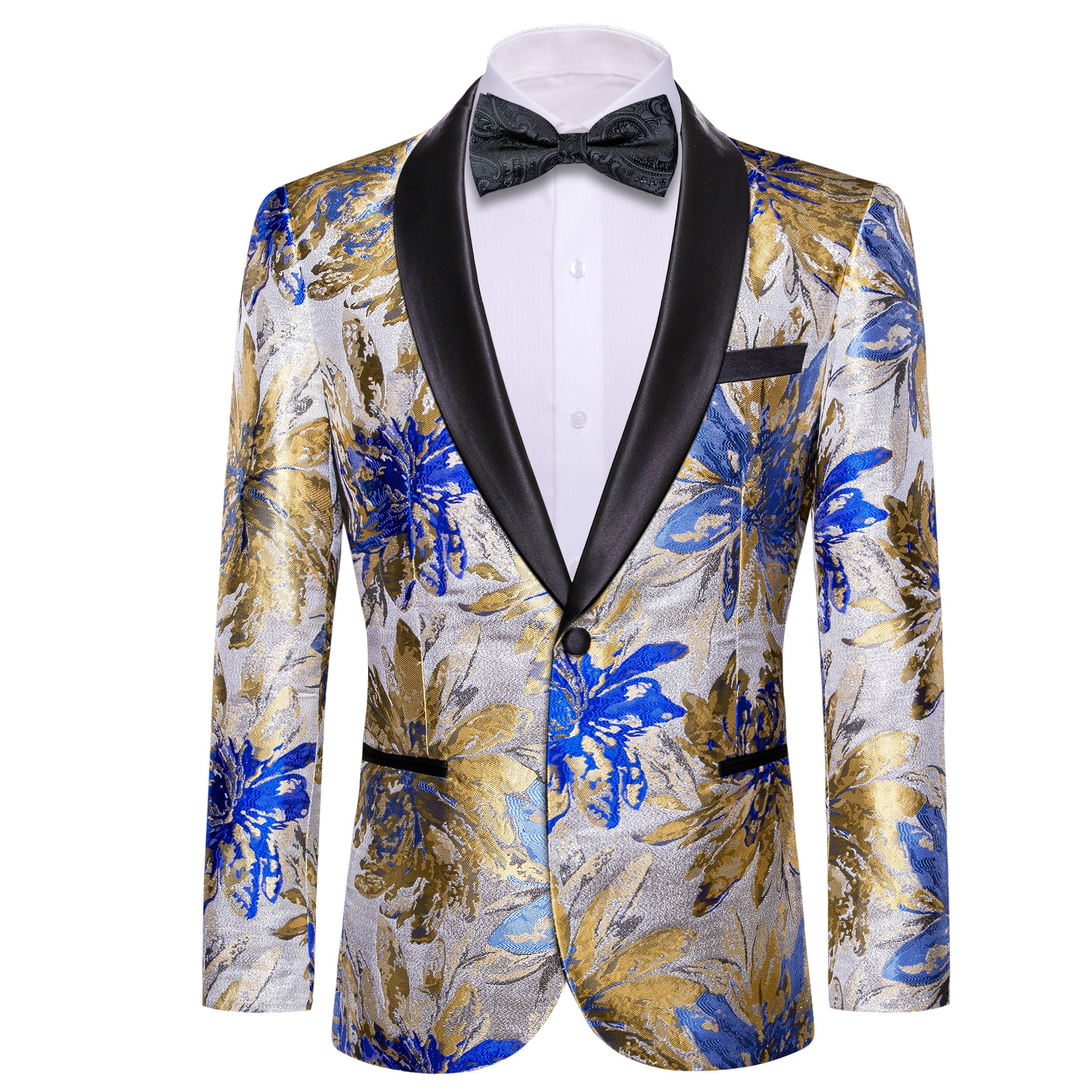 Barry.wang Men's Suit Silver Blue Floral Shawl Collar Suit Jacket