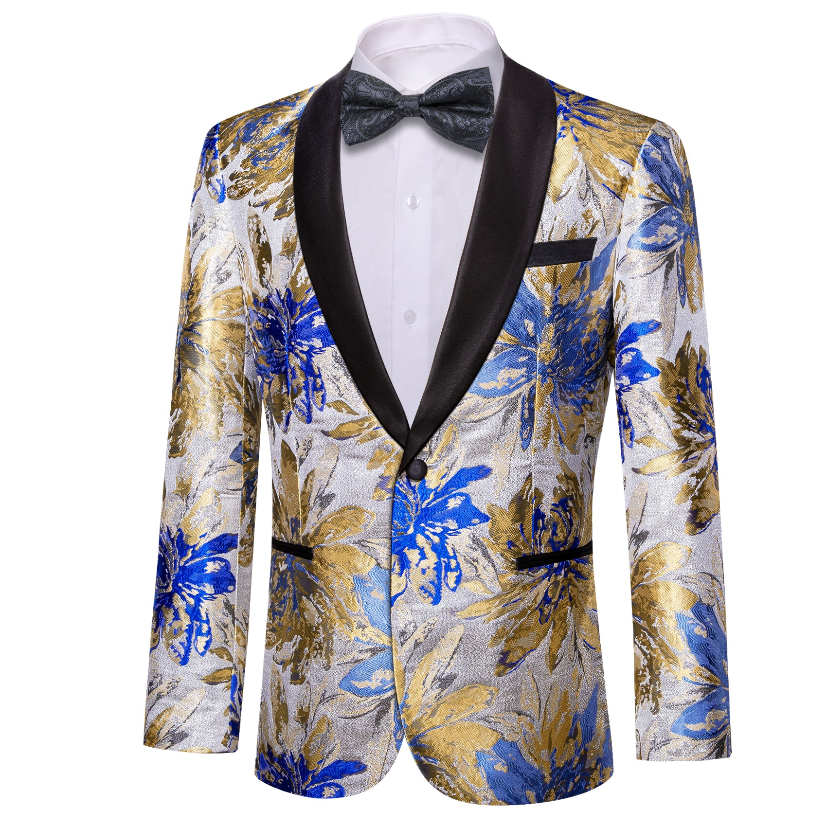 Men's Dress Party Silver Blue Floral Suit Jacket Slim One Button Stylish Blazer