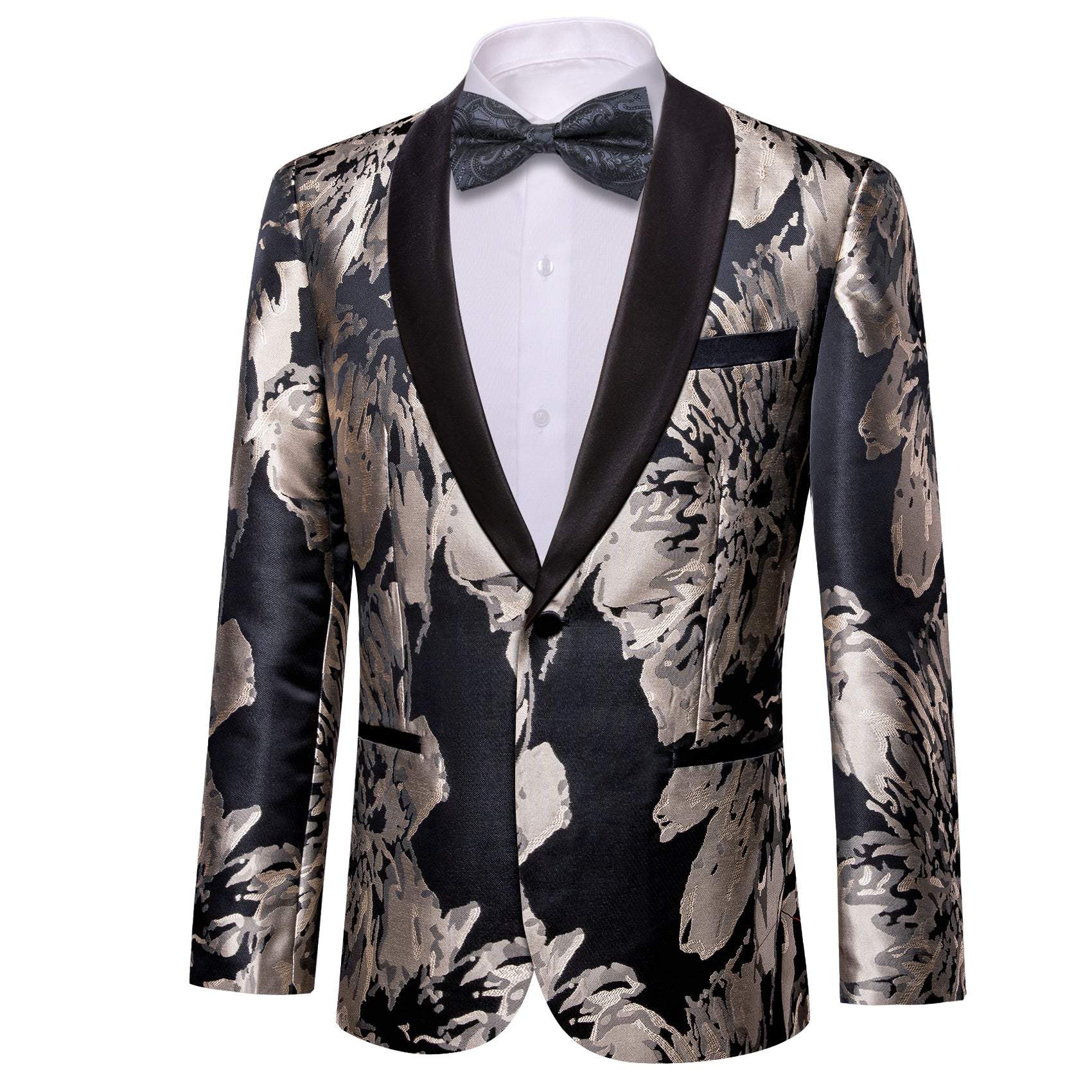 Men's Dress Party Black Grey Floral Suit Jacket Slim One Button Stylish Blazer
