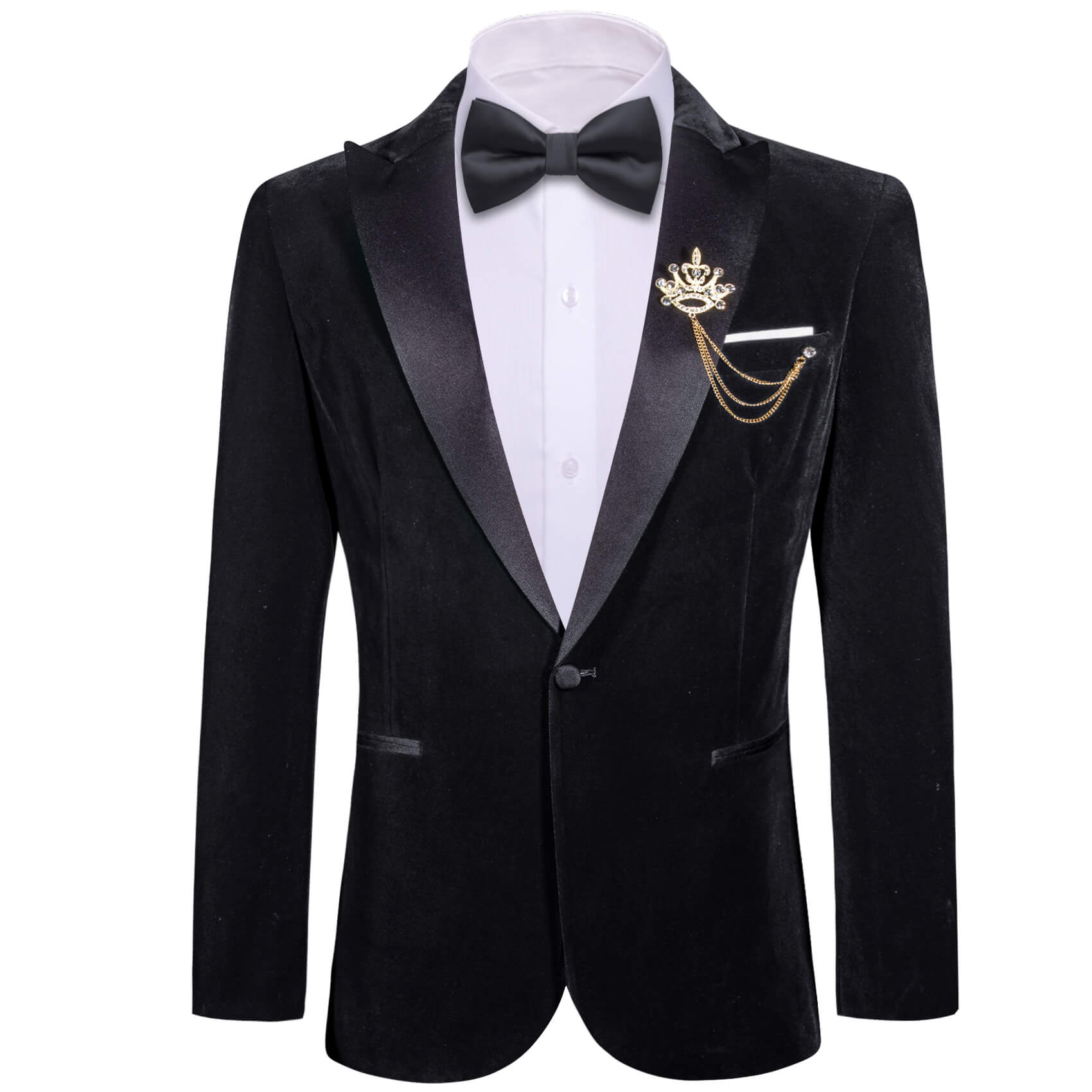  Classic Black Solid Silk Peak Collar Blazer Suit