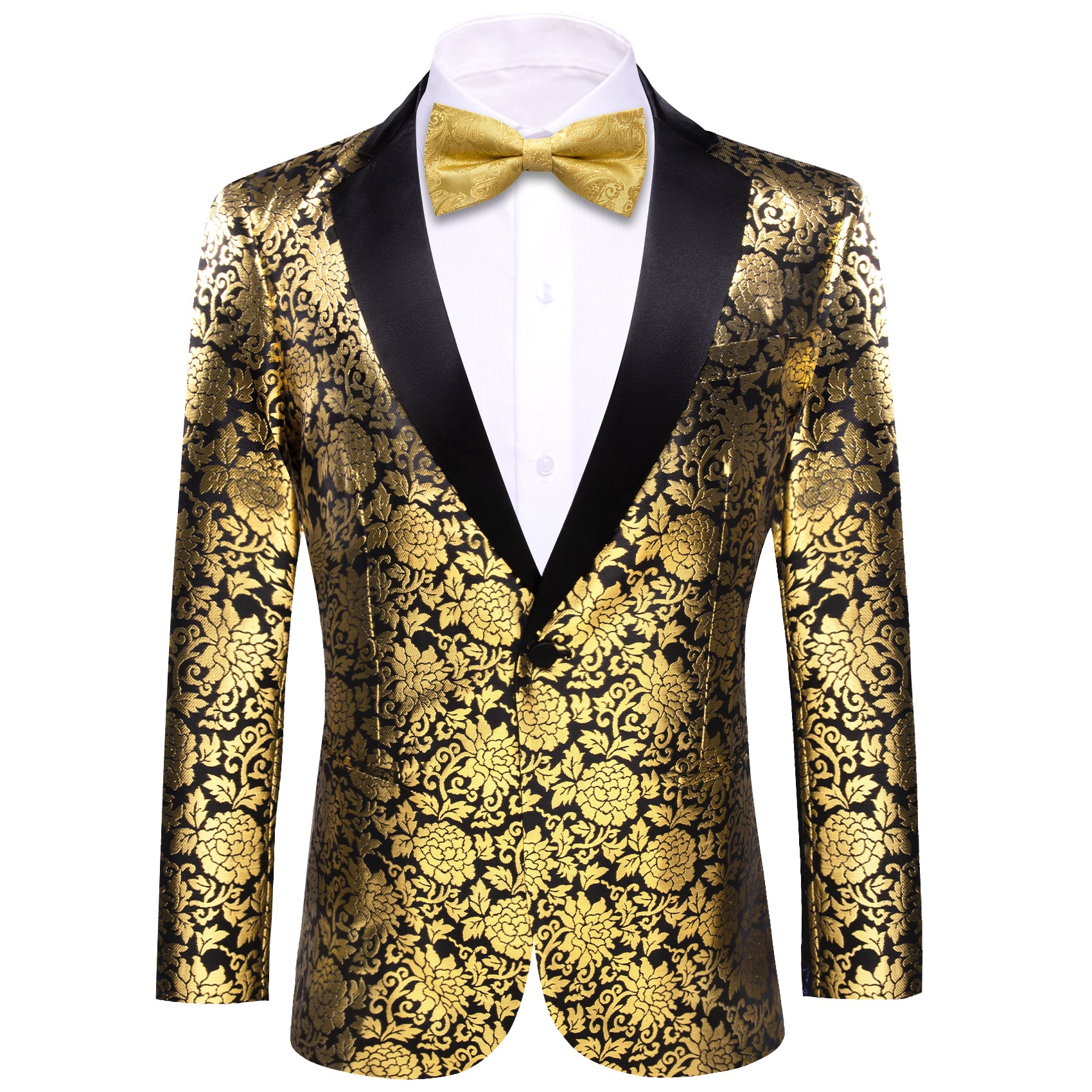 Men's Dress Party Black Gold Floral Suit Jacket Slim One Button Stylish Blazer