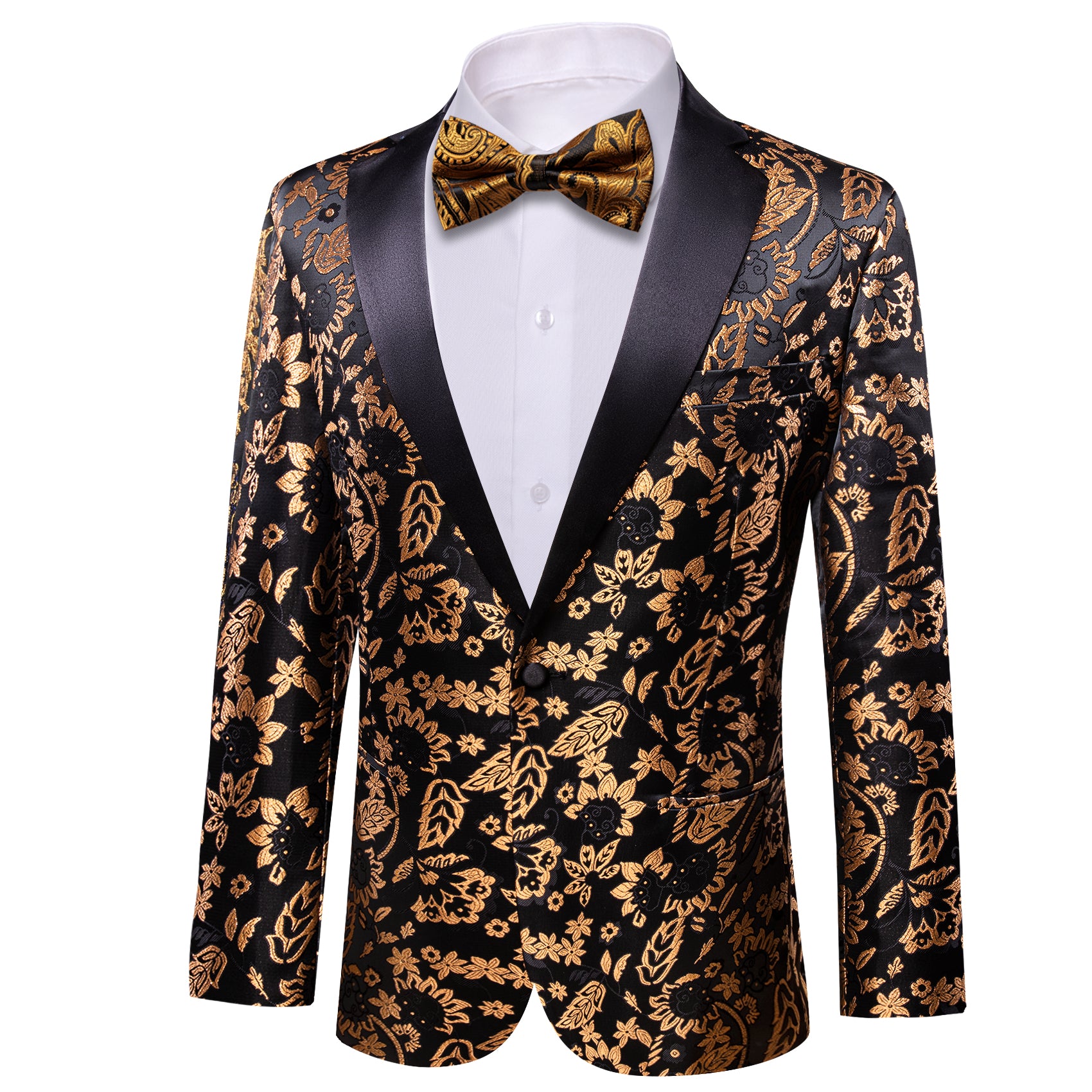 Men's Dress Black Gold Floral Suit Jacket Slim One Button Stylish Blazer