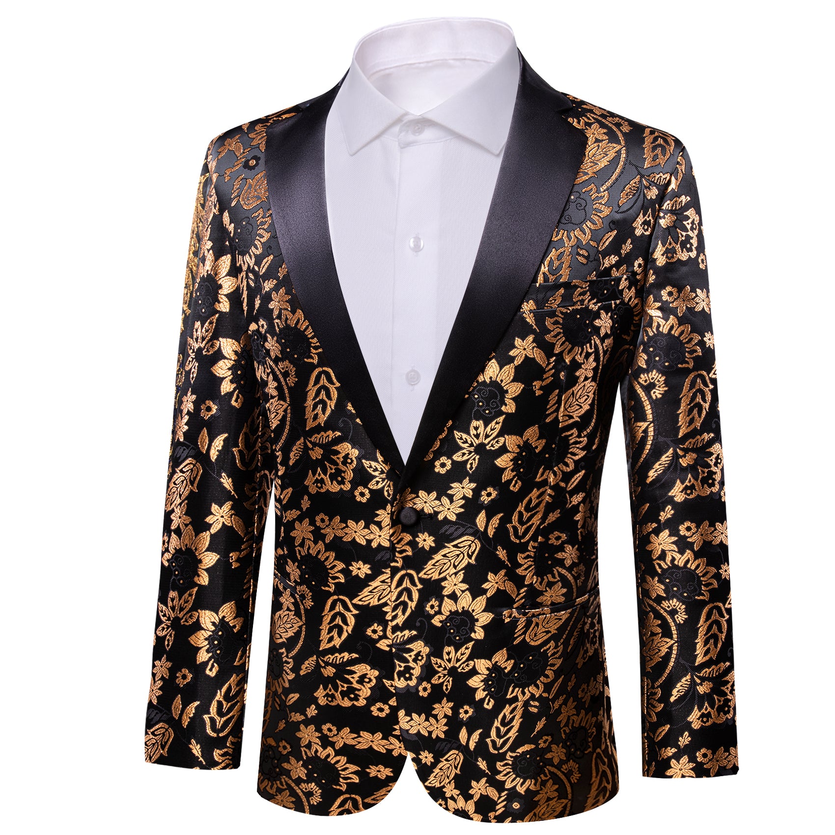 Men's Dress Black Gold Floral Suit Jacket Slim One Button Stylish Blazer