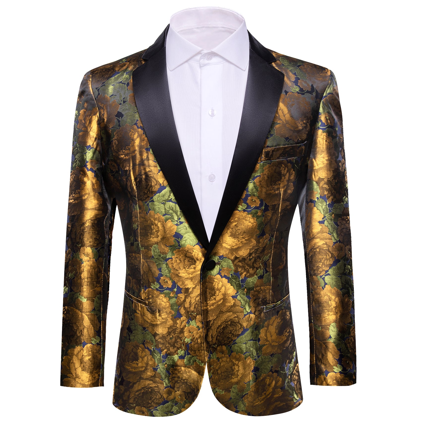 Barry.wang Men's Suit Gold Green Flower Notched Collar Suit Jacket