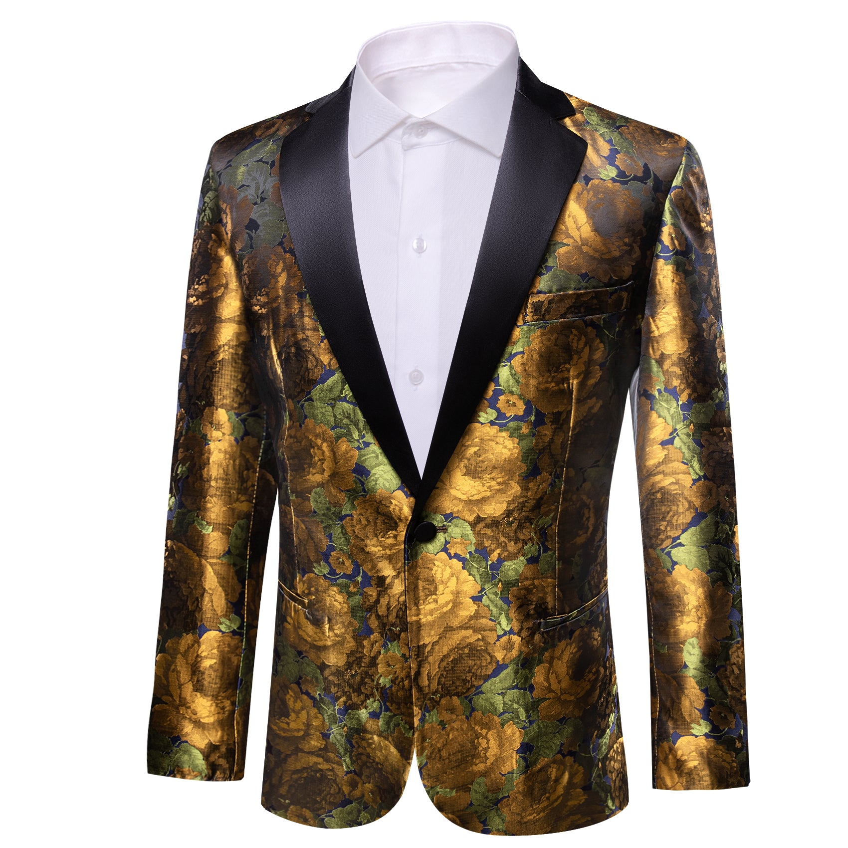 Barry.wang Men's Suit Gold Green Flower Notched Collar Suit Jacket