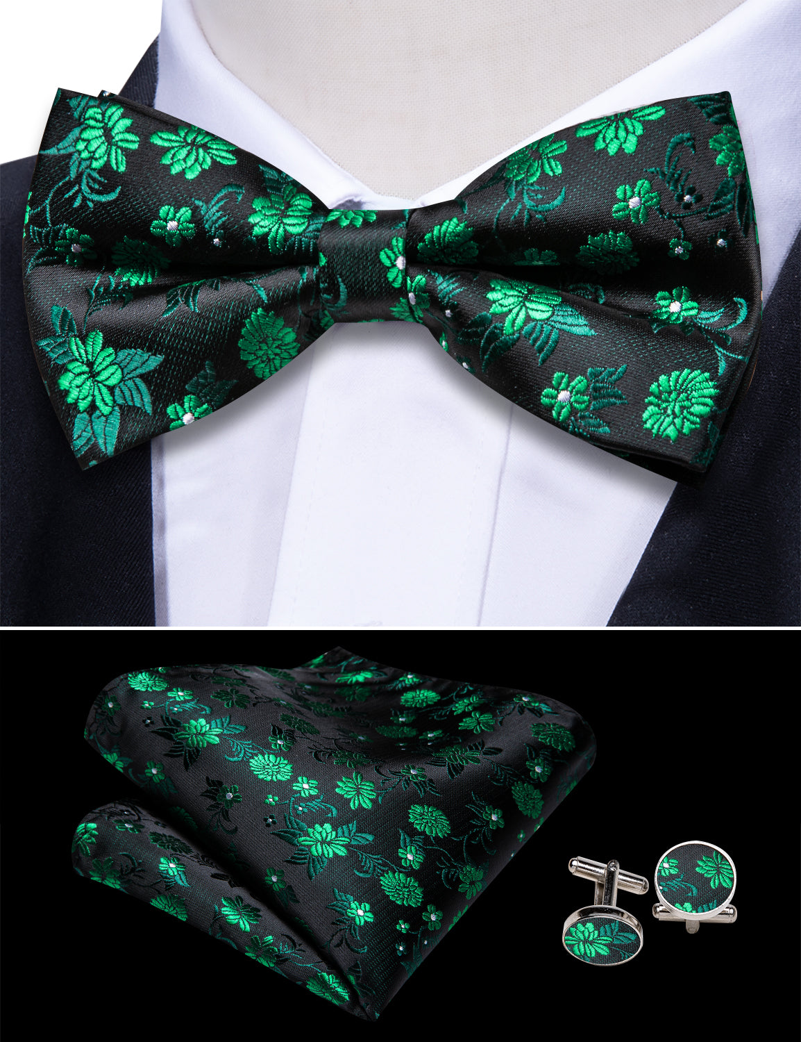 Black Green Flower Cummerbund  Bow tie Handkerchief Cufflinks Set