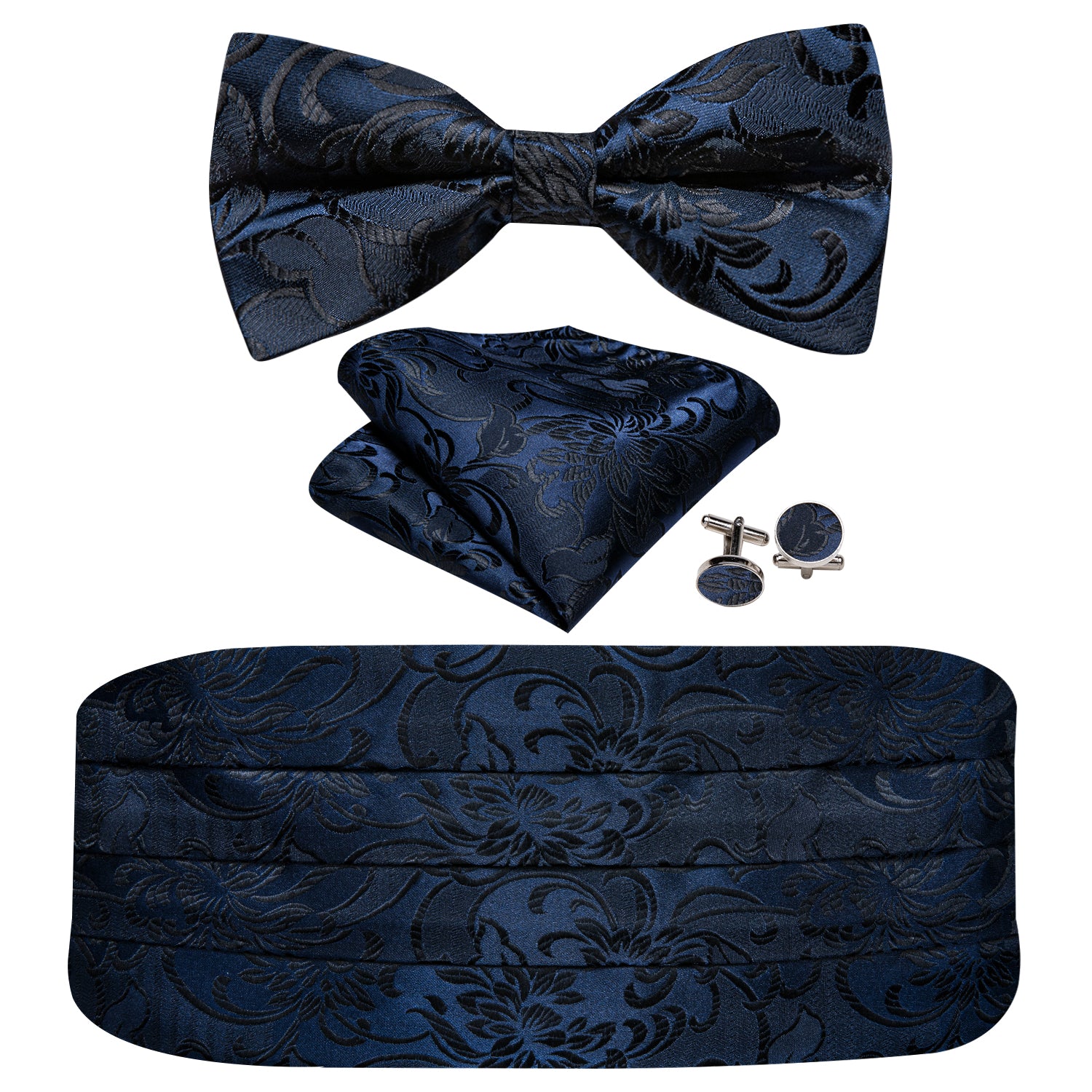 Blue Black Paisley Cummerbund  Bow tie Handkerchief Cufflinks Set