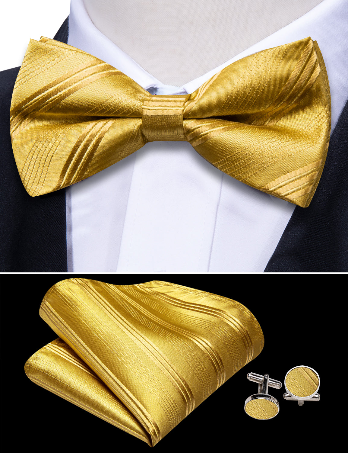 Gold Striped Cummerbund  Bow tie Handkerchief Cufflinks Set