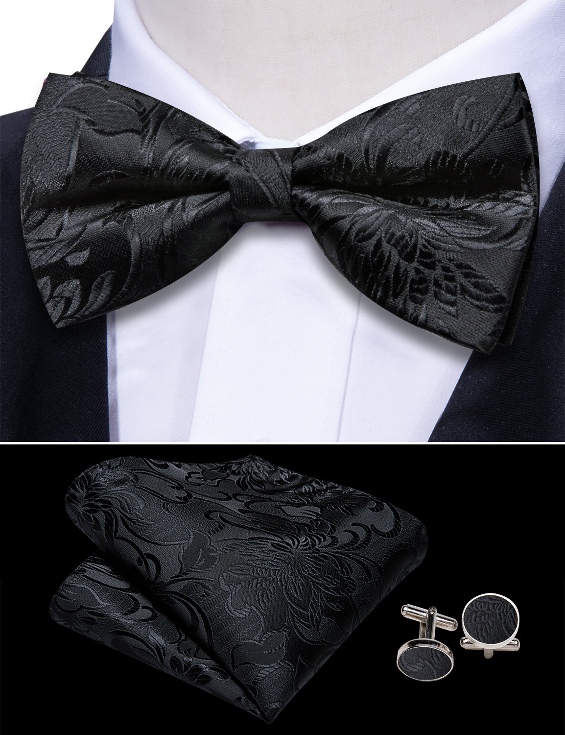 Black Paisley Cummerbund  Bow tie Handkerchief Cufflinks Set