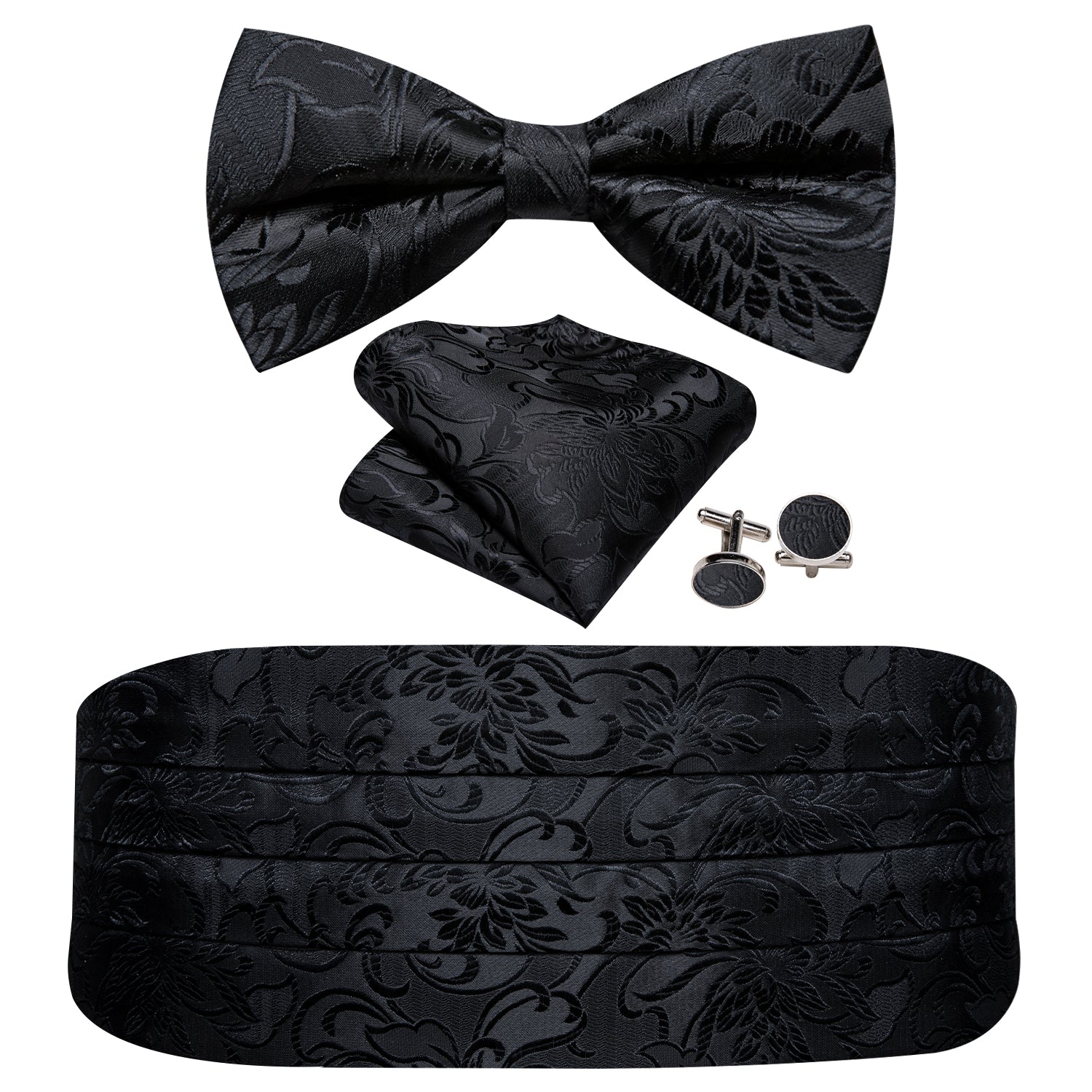 Black Paisley Cummerbund  Bow tie Handkerchief Cufflinks Set
