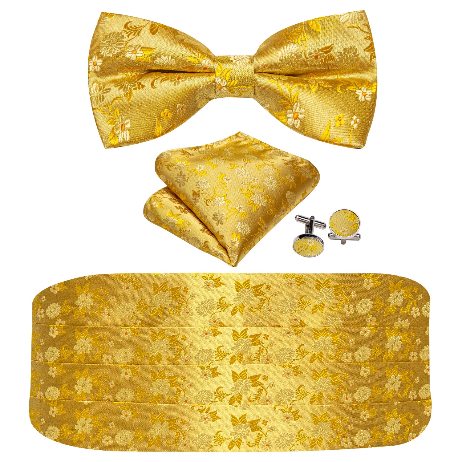 Yellow Gold Flower Cummerbund Bow tie Handkerchief Cufflinks Set