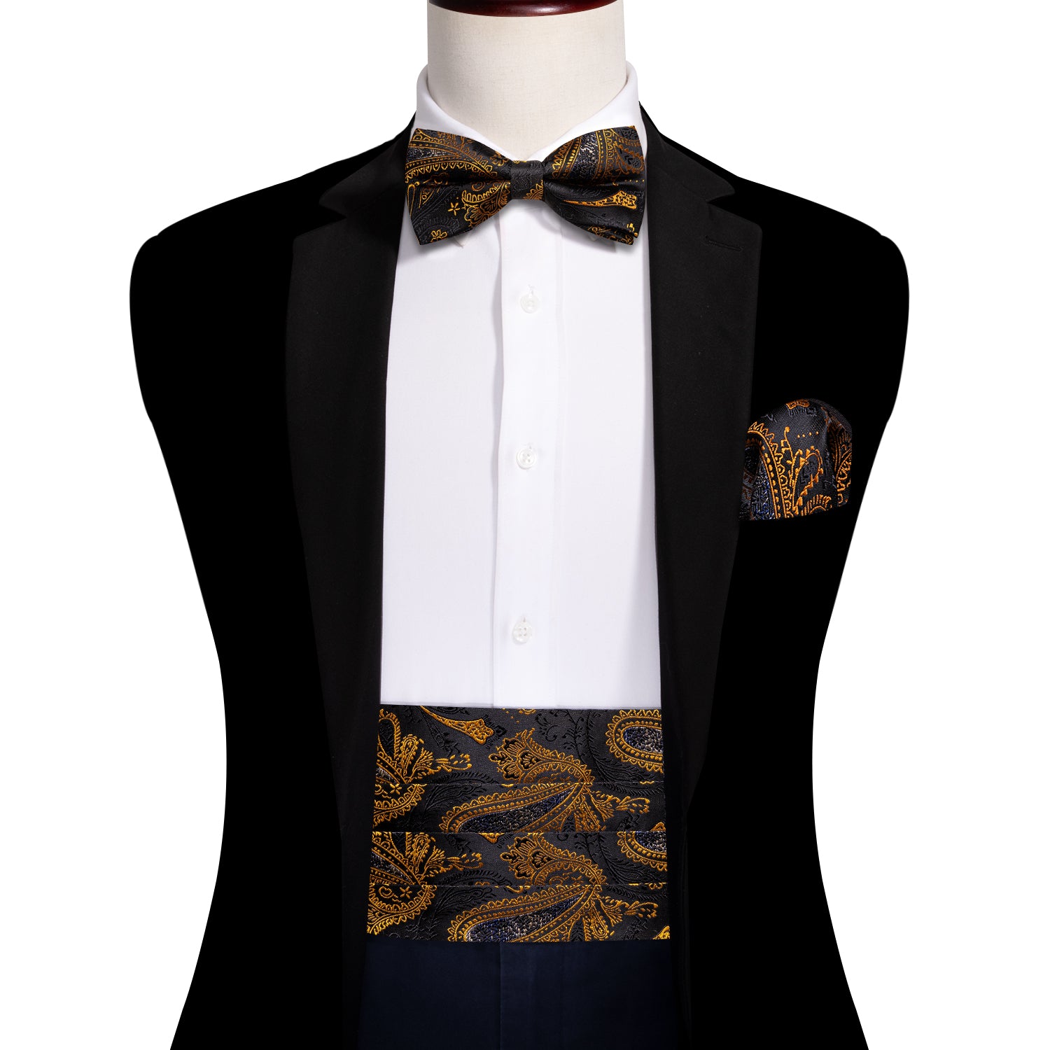 Black Gold Paisley Cummerbund Bow tie Handkerchief Cufflinks Set