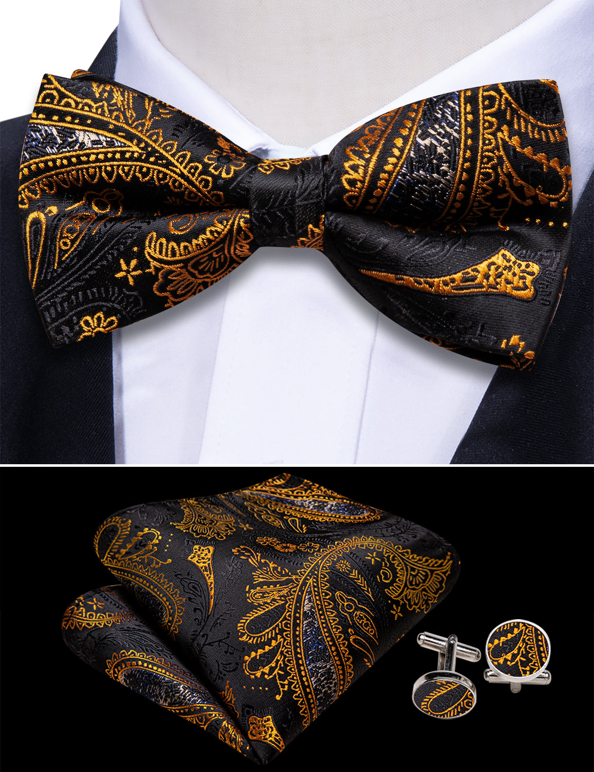 Black Gold Paisley Cummerbund Bow tie Handkerchief Cufflinks Set