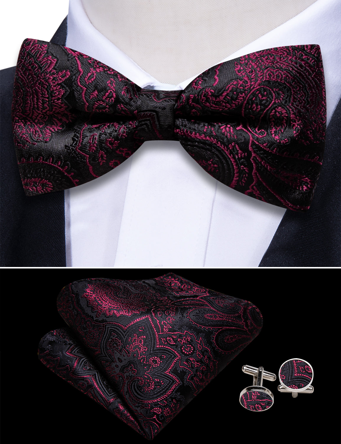Black Red Paisley Cummerbund  Bow tie Handkerchief Cufflinks Set