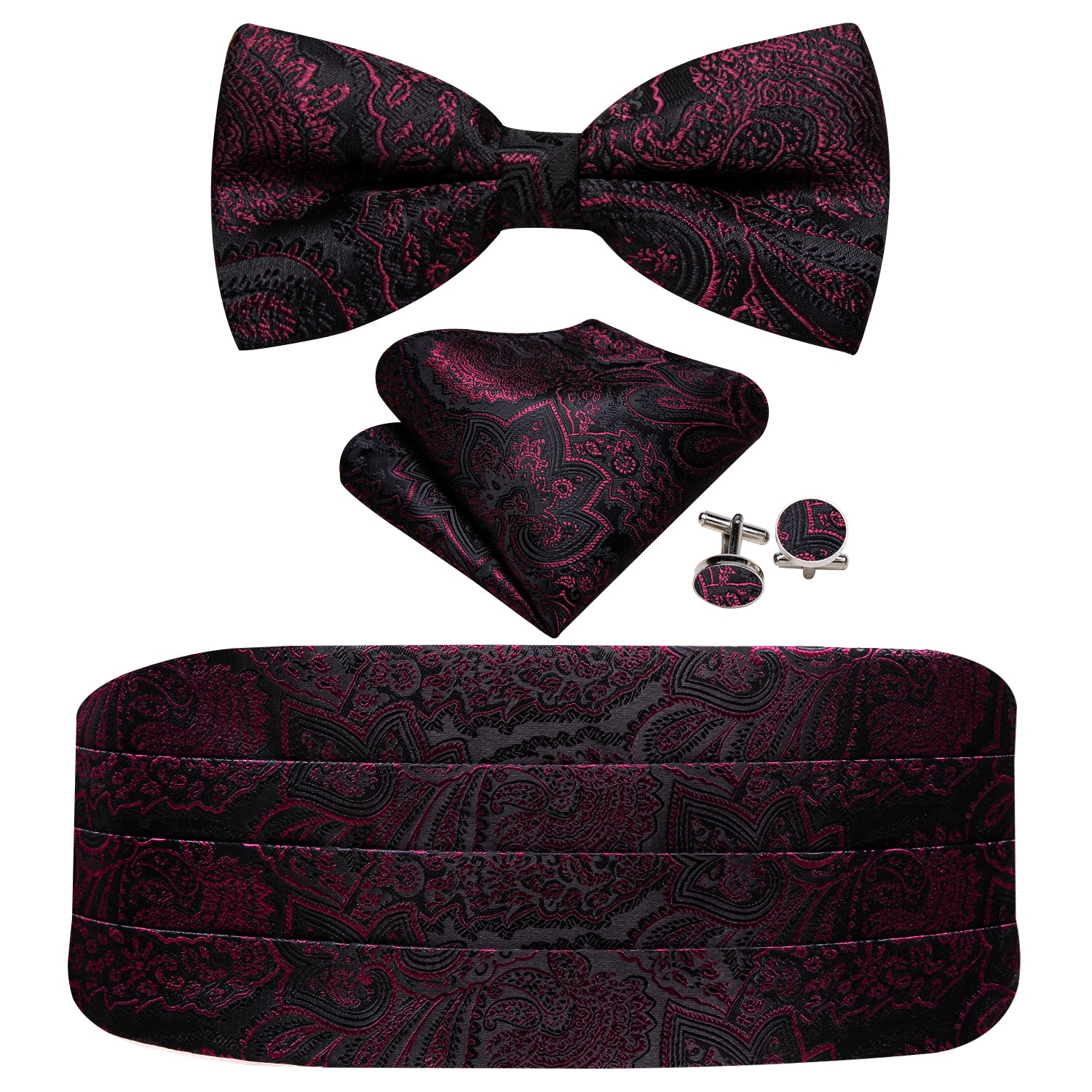 Black Red Paisley Cummerbund  Bow tie Handkerchief Cufflinks Set