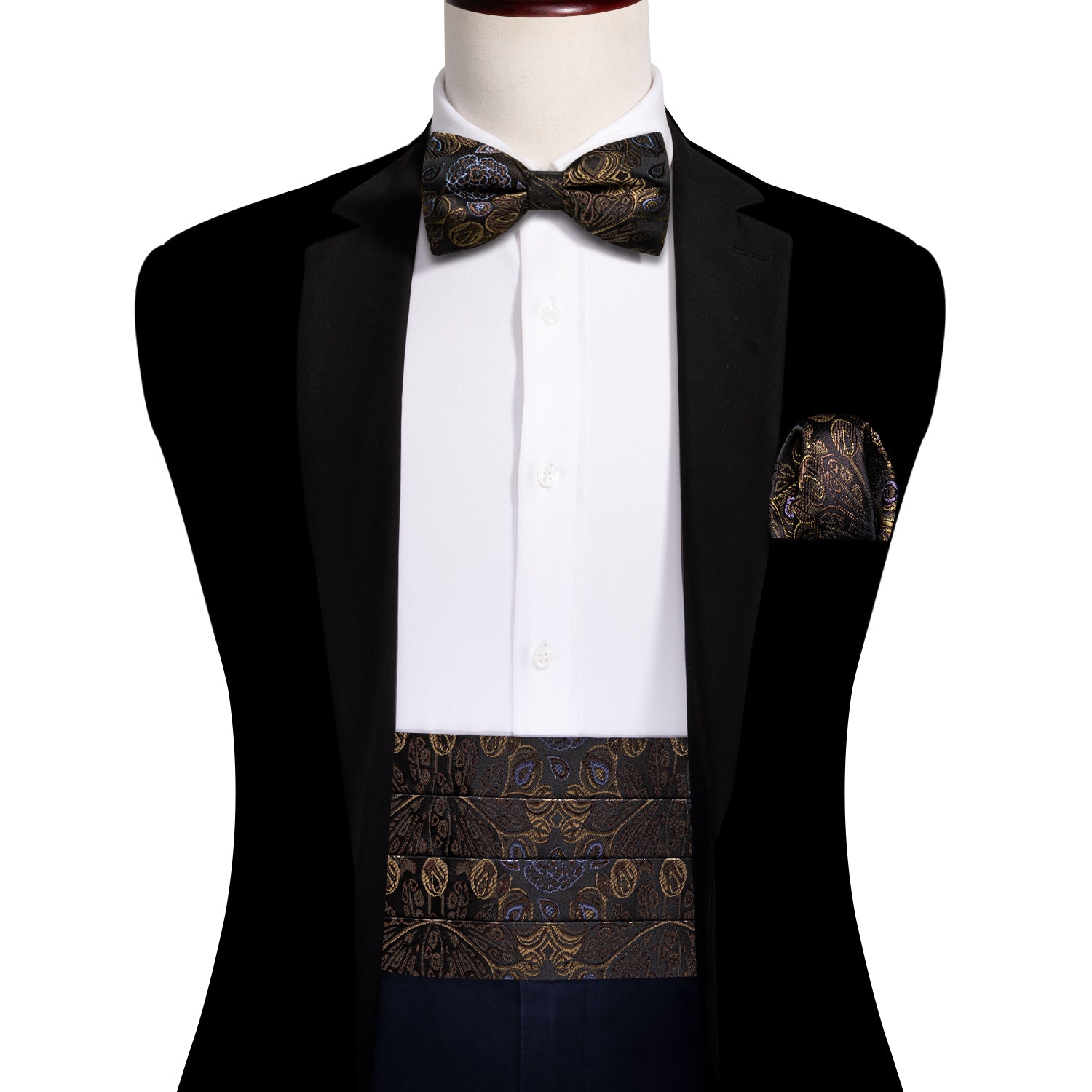 Luxury Black Gold Paisley Cummerbund Bow tie Handkerchief Cufflinks Set