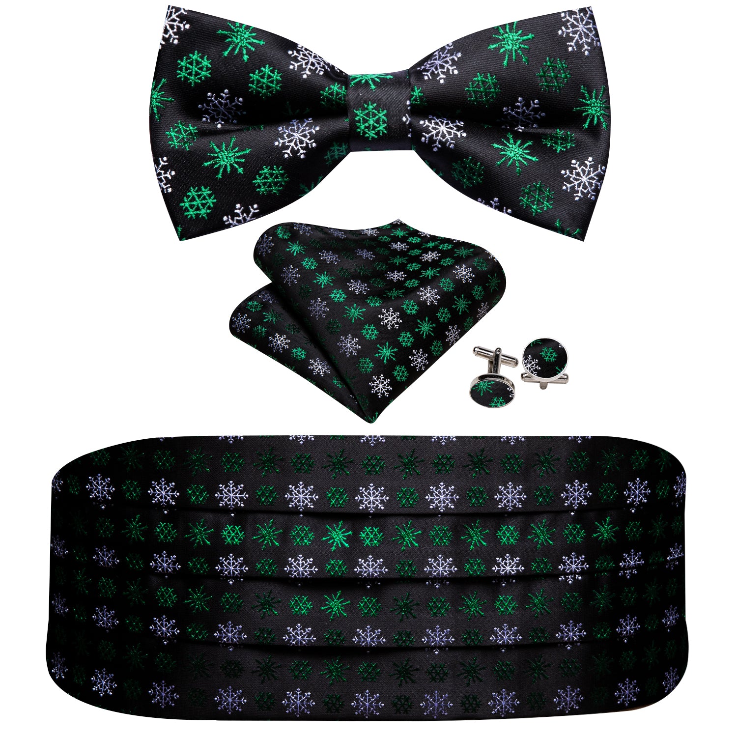 Christmas Black Green Snowflake Cummerbund Bow tie Handkerchief Cufflinks Set
