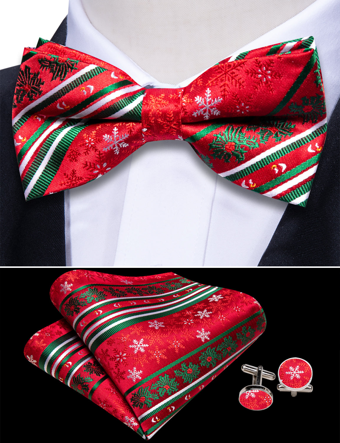 Christmas Red Green Snowflake Cummerbund Bow tie Handkerchief Cufflinks Set