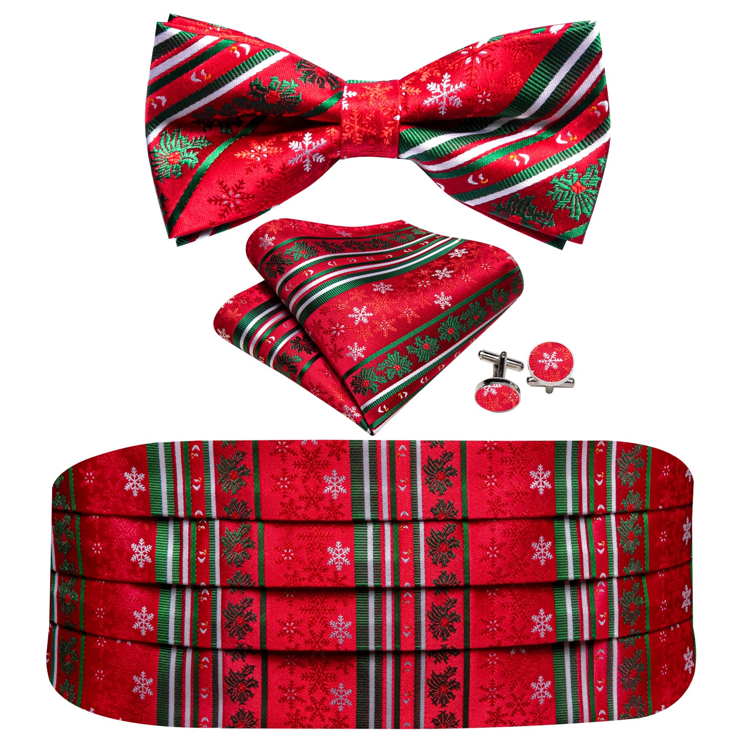 Christmas Red Green Snowflake Cummerbund Bow tie Handkerchief Cufflinks Set