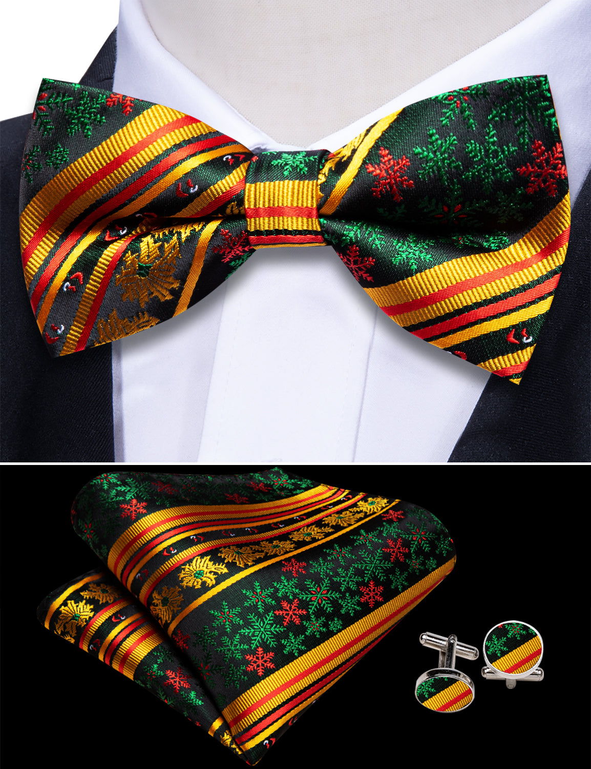 Christmas Gold Green Snowflake Cummerbund Bow tie Handkerchief Cufflinks Set