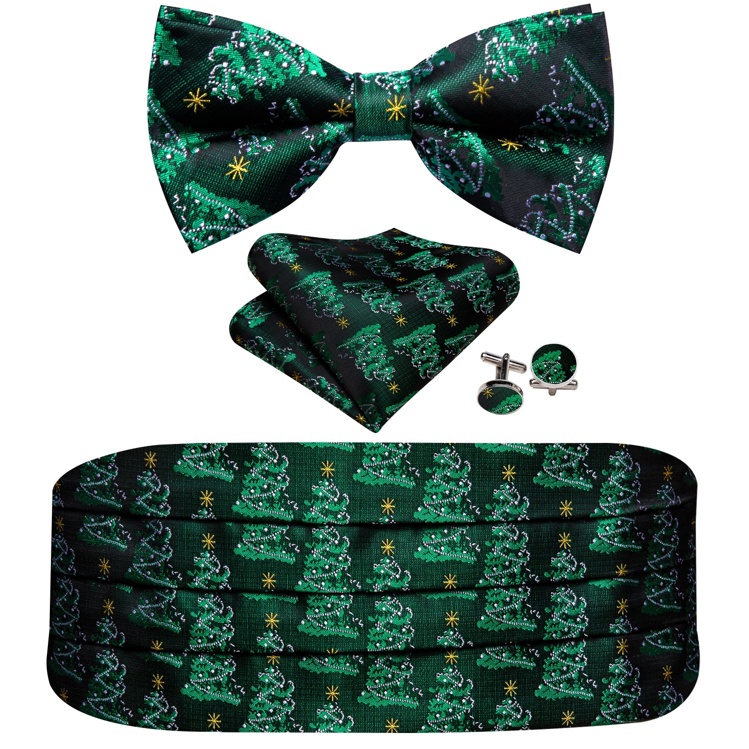 Christmas Green Xmas Tree Cummerbund Bow tie Handkerchief Cufflinks Set