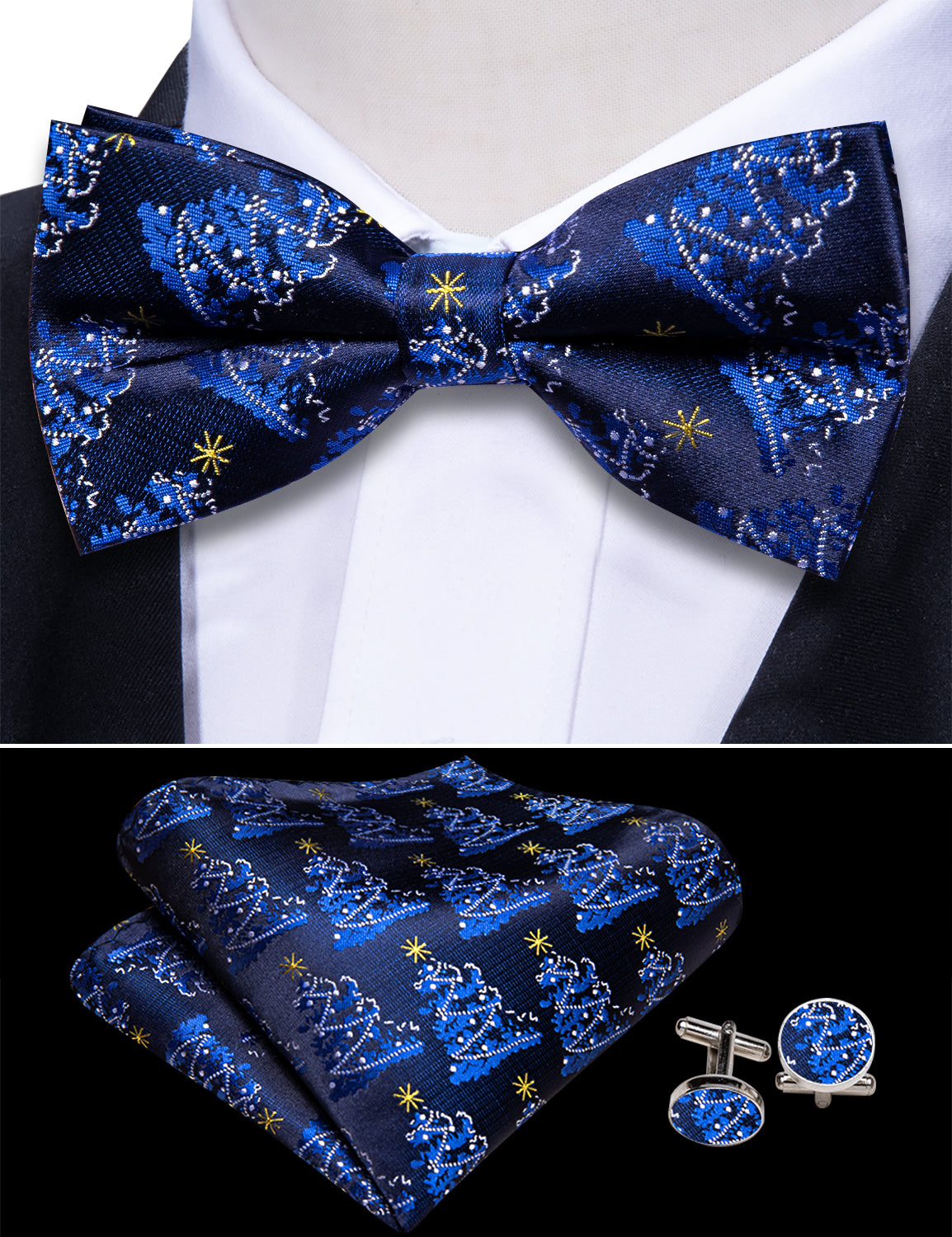 Christmas Blue Xmas Tree Cummerbund Bow tie Handkerchief Cufflinks Set