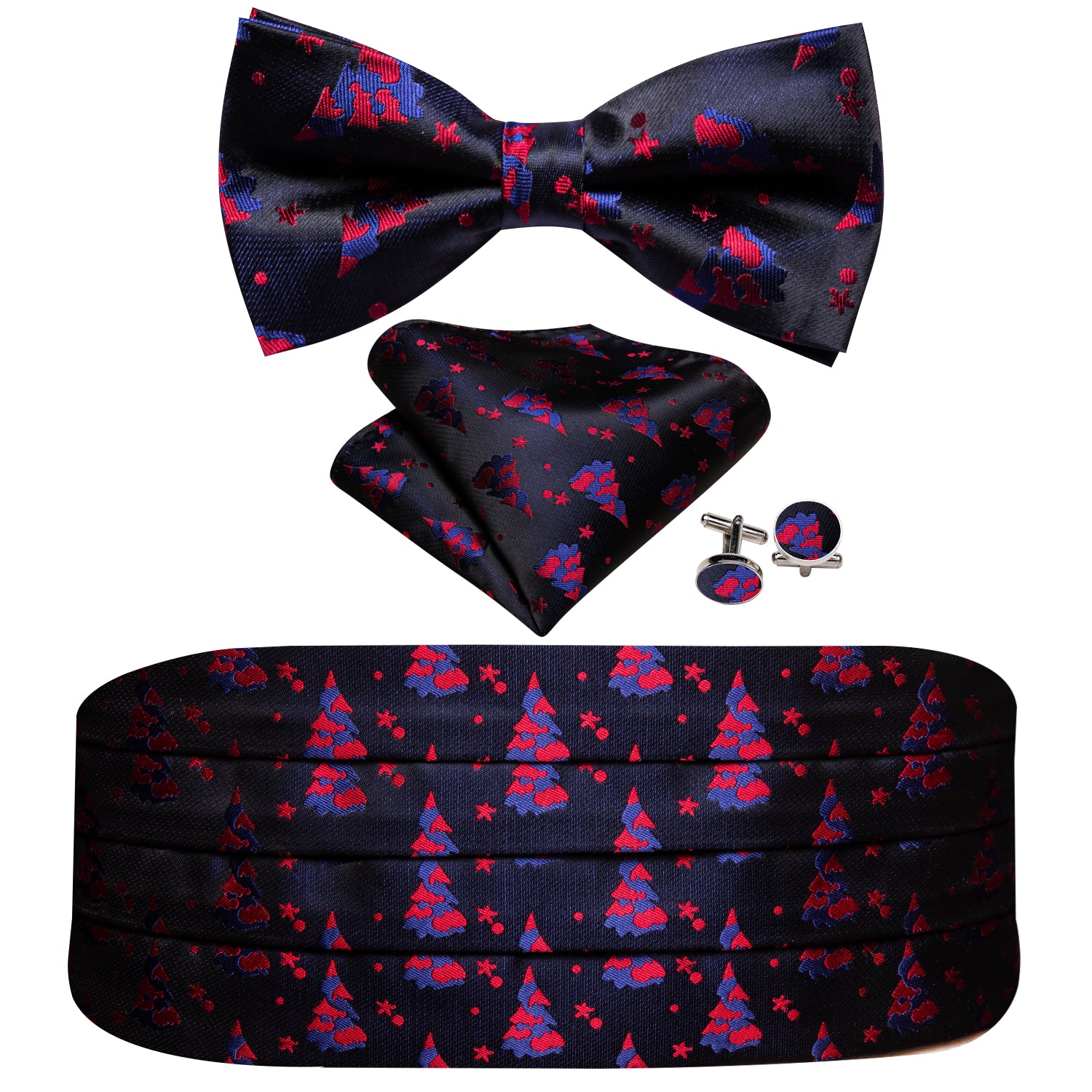 Christmas Blue Red Xmas Tree Cummerbund Bow tie Handkerchief Cufflinks Set