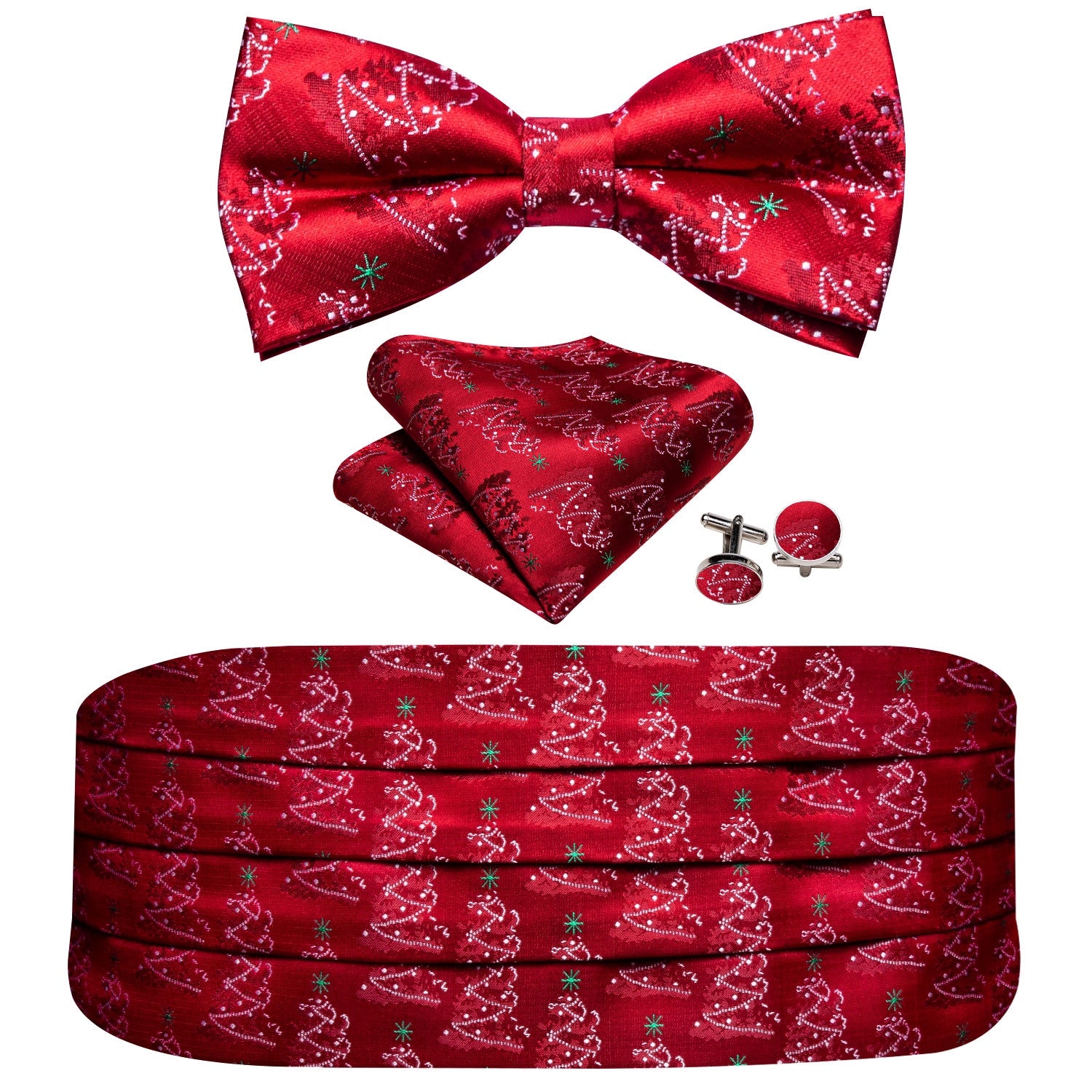 Christmas Red White Xmas Tree Cummerbund Bow tie Handkerchief Cufflinks Set