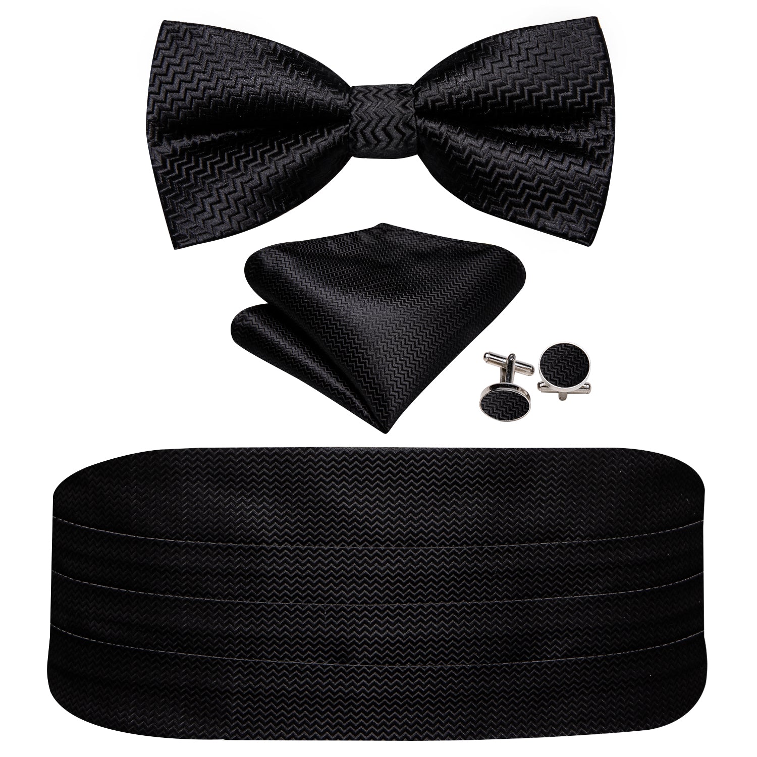 Black Solid Cummerbund Bow tie Handkerchief Cufflinks Set